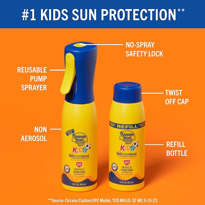 Banana Boat Kids 360 Coverage Sunscreen Mist SPF 50+ Bundle | Kids Sunscreen Spray with Refill, SPF 50 Sunscreen Spray Mist Bottle, Kids Spray Sunscreen, Non-Aerosol Sunscreen, 5.5oz ea Bundle Pack