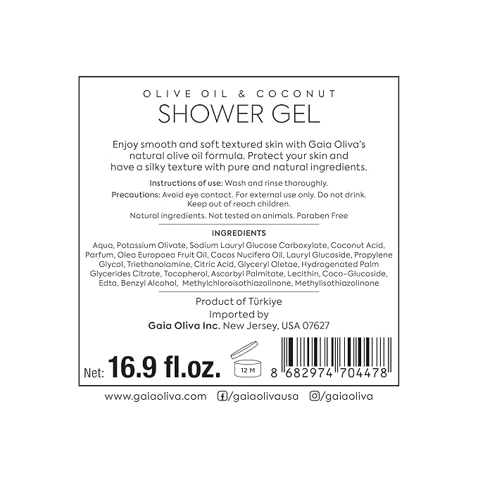 Olive Oil Shower Gel – Natural Body Wash with Coconut, Hydrating, Moisturizing Body Wash for Women & Men, Plant-based Bath & Shower Gel for Dry Skin, 16.9 Fl Oz (Pack Of 2)
