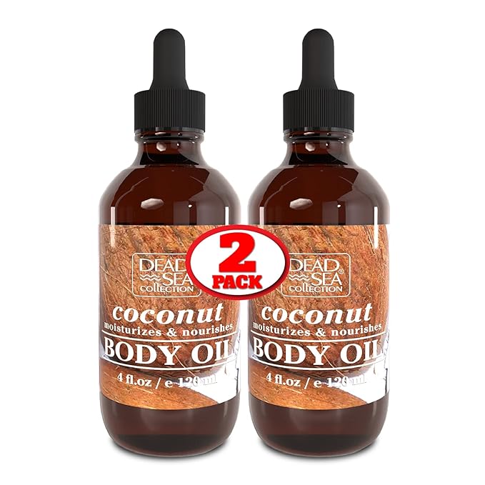 Dead Sea Collection Body Oil for Dry Skin- Scented Coconut – Vitamin E Moisturizing & Nourishing, Anti-Aging & Skin Elasticity Support for Face Pack of 2 (4 Fl. Oz Each)