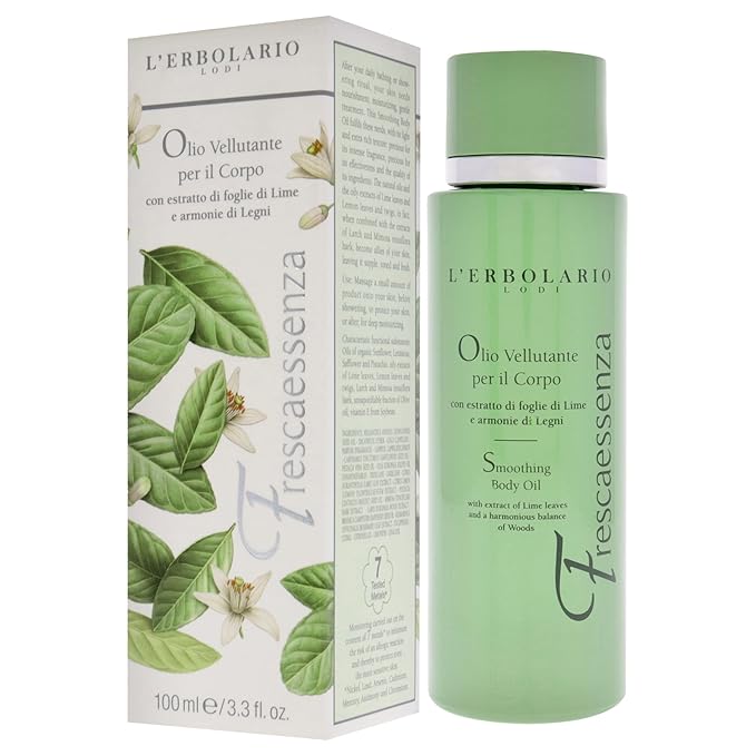 L’Erbolario Frescaessenza Smoothing Body Oil - Tightening, Toning and Dry Skin Moisturizer - Massage and Vitamin E Oil with Sunflower Oil - 3.3 oz