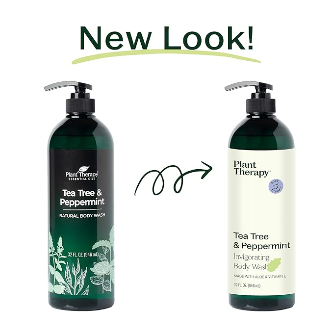 Plant Therapy Tea Tree and Peppermint Essential Oil Natural Body Wash with Pump 32 oz For all Skin Types, Sulfate Free Body Wash, For Men or Women