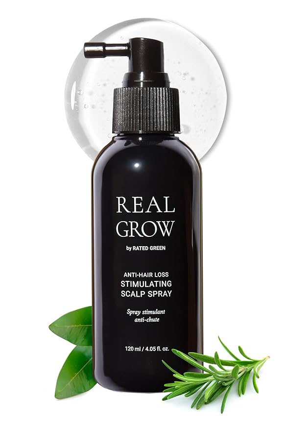 RATED GREEN REAL GROW Anti Hair Loss Stimulating Scalp Spray for Hair Growth, Korean Hair Care, Cold Brewed Organic Rosemary Water Spray for Thinning Hair, 6.06 Fl. Oz