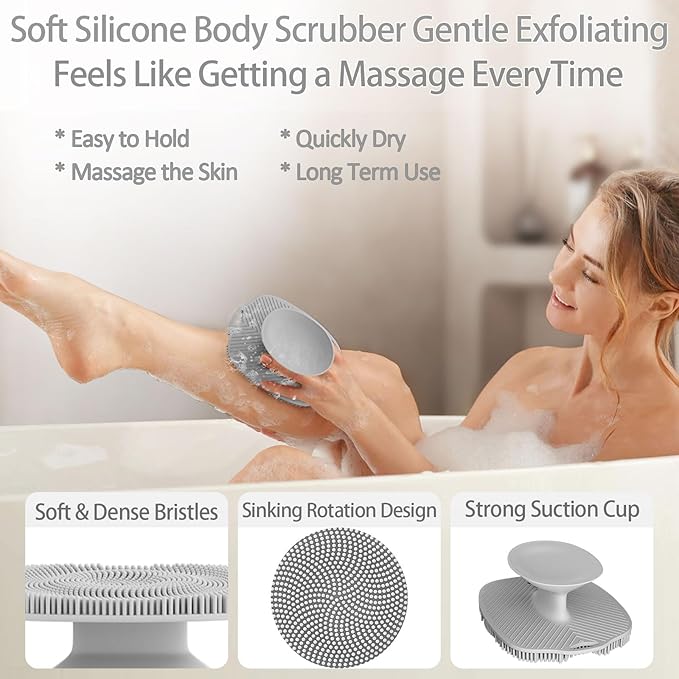 Soft Silicone Body Scrubber, Gentle Like a Hand Exfoliating Your Skin and Build Up Lather, Back Large Suction Cup Easy to Store, & Deep Clean (Body Scrubber + Face Scrubber Gray)