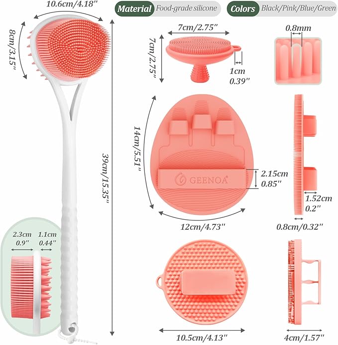 Silicone Back & Body & Face Scrubbers Set 4PCS, 15.35’’ Soft Back Scrubber for Dual-Side Usage, Easy-to-Hold Bath Glove Body Scrubber Face Scrubber for Good Foaming & Deep Cleaning(Pink)