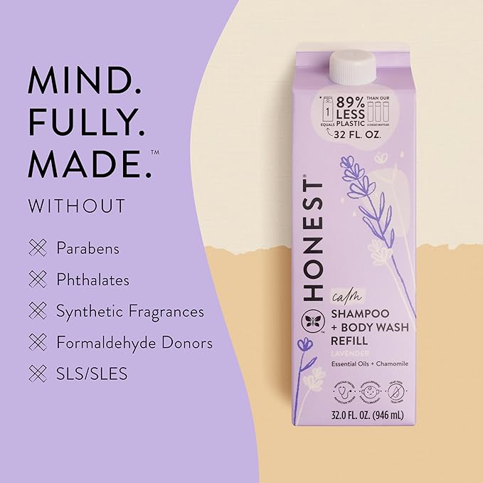 The Honest Company 2-in-1 Cleansing Shampoo + Body Wash Refill Carton | Gentle for Baby | Naturally Derived, Tear-free, Hypoallergenic | Lavender Calm, 32 fl oz