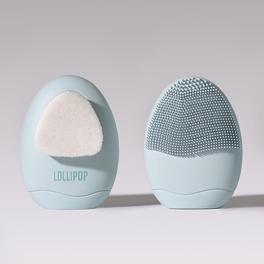 LOLLIPOP Dual-Sided Facial Cleansing Brush | Palm Size Silicone Face Exfoliator and Soft Fiber Cleanser | Manual Face Scrubber for Pores, Makeup Removal, Blackhead and Skincare Routine, Oceanic