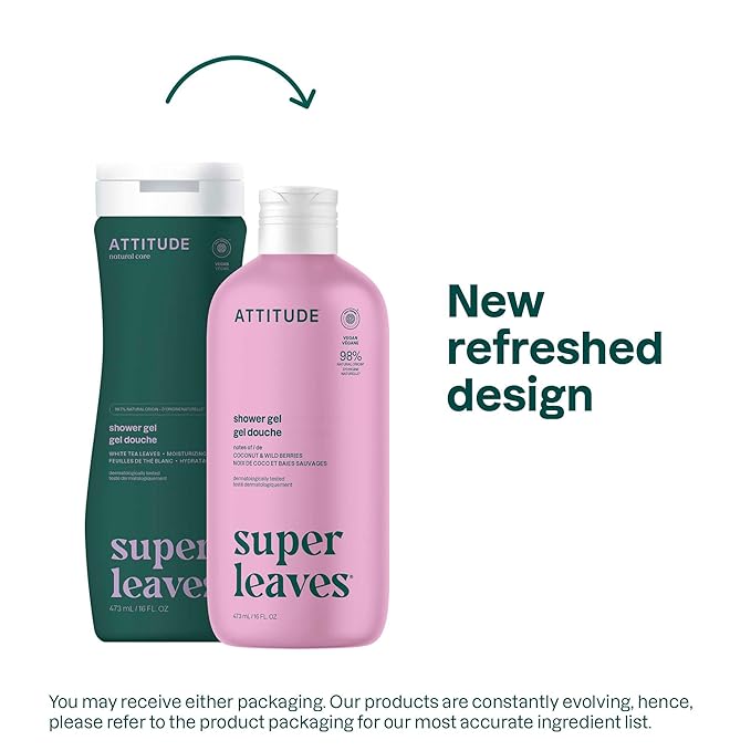 ATTITUDE Body Wash, EWG Verified Shower Gel, Dermatologically Tested, Plant and Mineral-Based, Vegan Personal Care Products, White Tea Leaves, 16 Fl Oz