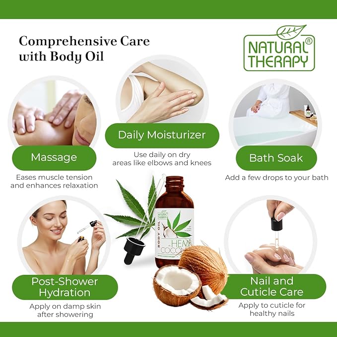 Natural Therapy Hemp & Coconut Body Oil – Moisturizing Body Oil – Hydrate & Soften Skin – Increase Skin Elasticity and Provide Anti-Aging Support (4 Fl.Oz)