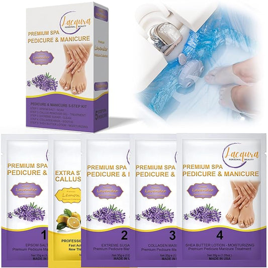 Epsom Salt Soak, Callus Remover Gel, Extreme Sugar Scrub, Collagen Mask & Shea Butter Lotion – Professional Spa Foot Care System 5 Step Luxury Pedicure Kit. Lavender 20 Set