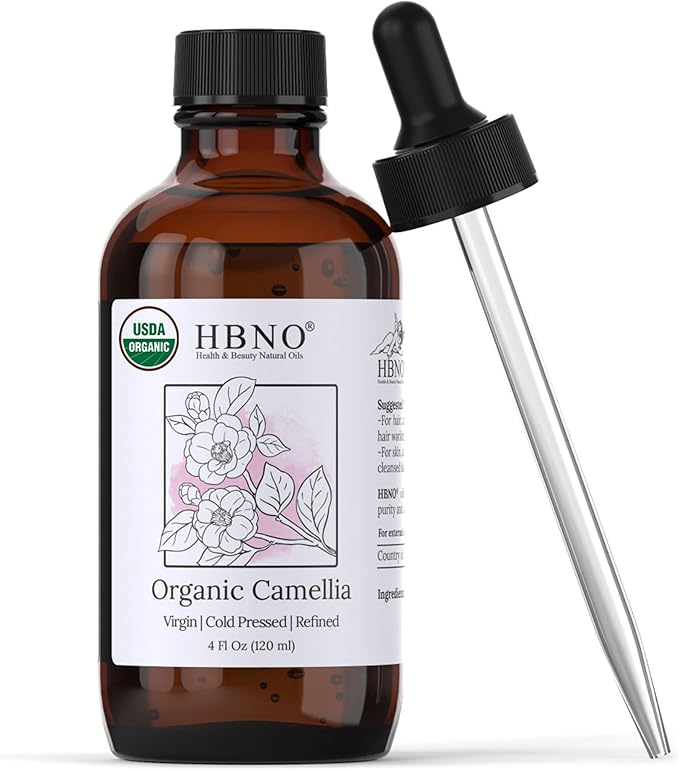 HBNO Organic Camellia Oil - Huge 4 oz (120ml) Value Size - USDA Certified Organic Camellia Oil, Cold Pressed Carrier Oil for Face, Body, Lips, Nails, Shampoo & Conditioner
