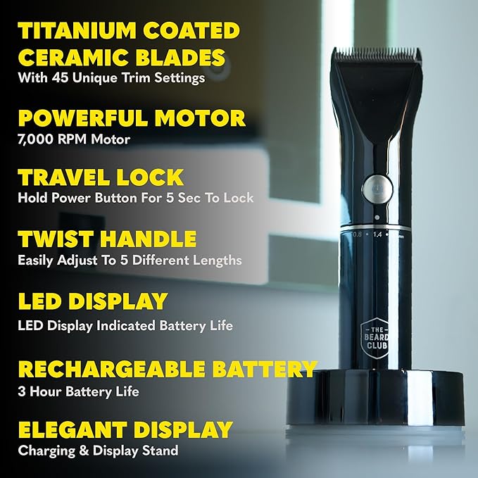 The Beard Club Men's Grooming Kit with Professional Cordless Electric Rechargeable Hair & Mustache/Beard Trimmer, Straight Edge Razor, Shampoo, Balm, Brush & Comb Gift Set