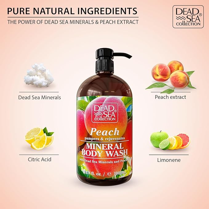 Dead Sea Collection Peach Body Wash for Women and Men - with Pure Dead Sea Minerals and Peach Extract - Cleanses and Moisturizes Skin - Pack of 2 (67.6 fl. oz)