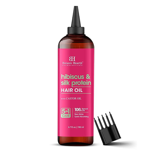 Botanic Hearth Hibiscus & Silk Protein Hair Oil (6.7 Fl Oz) | Hair Growth, Hydration & Repair | Tames Frizz, Adds Shine | After Wash Lightweight Hair Oil | For Dry, Damaged Hair | All Hair Types
