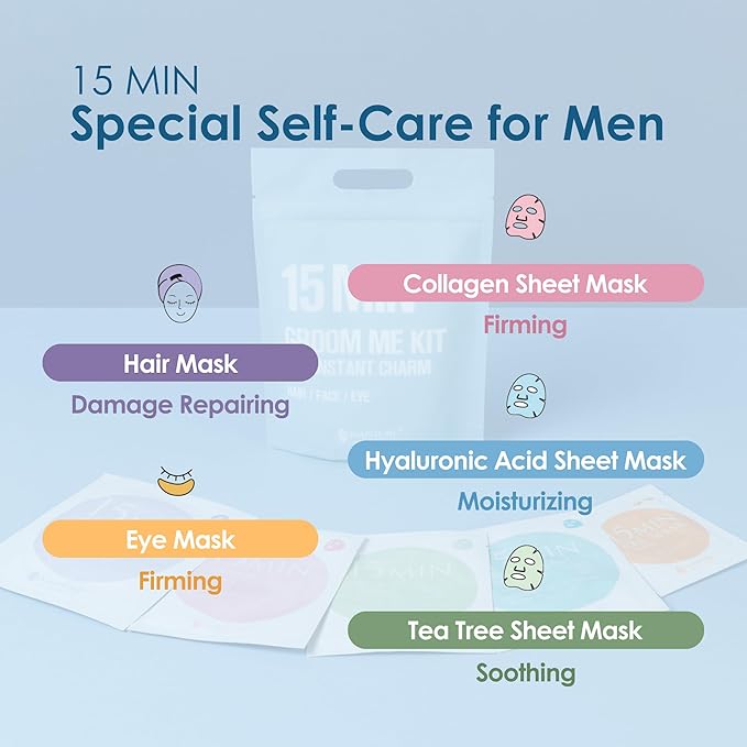 15 Min Groom Me Kit by Naisture – Korean At Home Spa Kit for Men with Hair Mask, Collagen Mask, Tea Tree Face Mask, Hyaluronic Acid Mask, and Eye Mask
