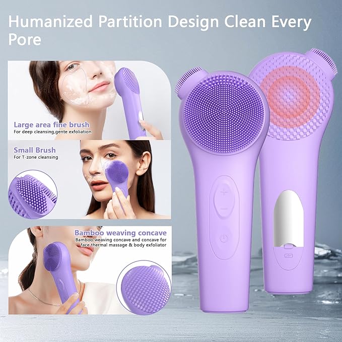 Silicone Face Scrubber, Waterproof Rechargeable Facial Cleansing Brush, 5 Cleansing Modes with Nose Brush for Women & Men Electric Face Wash Brush for Deep Cleaning Exfoliating, Massaging Purple