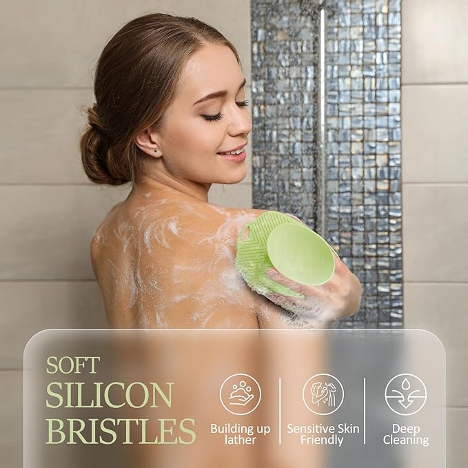 Soft Silicone Body Scrubber, Gentle Like a Hand Exfoliating Your Skin and Build Up Lather Easily, Back Large Suction Cup Easy to Store, Long-Lasting & Deep Clean （Green