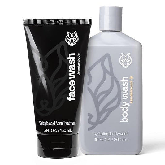 Black Wolf Moisturizing Body Wash & Charcoal Face Wash Set for Men - Daily Grooming & Hygiene Essentials for Mens Skin Care