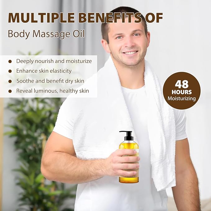 Sandalwood Body Oil for Men with Ginger, YlangYlang, Cinnamon, 260ml Large Bottle Body Oil for Skin, 8.8 fl.oz Premium Moisturizer Oil for After Shower, Great for Skin and Body Care