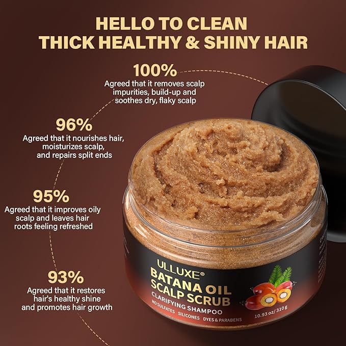 Scalp Scrub, 2-in-1 Scalp Exfoliator & Clarifying Shampoo for Dandruff, Dry, Itchy Scalp & Hair Growth, Batana Oil & Rosemary Scalp Treatment with Scalp Massager for Buildup & Thinning Hair, 10.93 oz