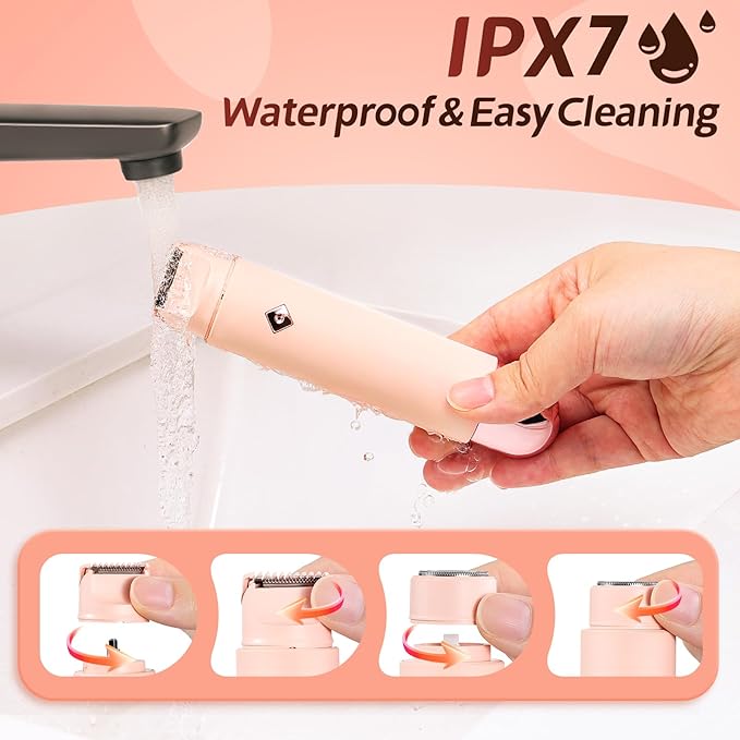 2 in1 Bikini Trimmer for Women, Dual-Head Electric Razor & Painless Hair Removal - Waterproof Cordless Lady Shaver for Body, Face Underarm, Intimate Areas, Facial Bikini Shaver (Pink)