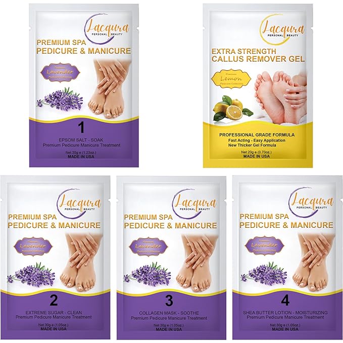 Epsom Salt Soak, Callus Remover Gel, Extreme Sugar Scrub, Collagen Mask & Shea Butter Lotion – Professional Spa Foot Care System 5 Step Luxury Pedicure Kit. Lavender 12 Set