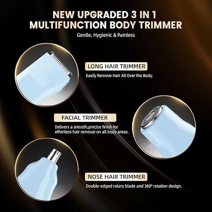 Body Hair Trimmer for Men，3 in 1 Electric Razor with Ceramic Blades, IPX7 Waterproof, USB Rechargeable, Painless Hair Removal for Face，Body，Nose，Groin, Travel Grooming Kit (Blue)