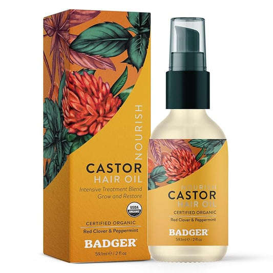 Badger Organic Castor Hair Oil for Thicker Fuller Looking Hair, 100% Organic Castor Oil for Hair Growth & Restoration, Red Clover & Peppermint, Deep Hydrating Hair Oil, 2 fl oz Glass Bottle
