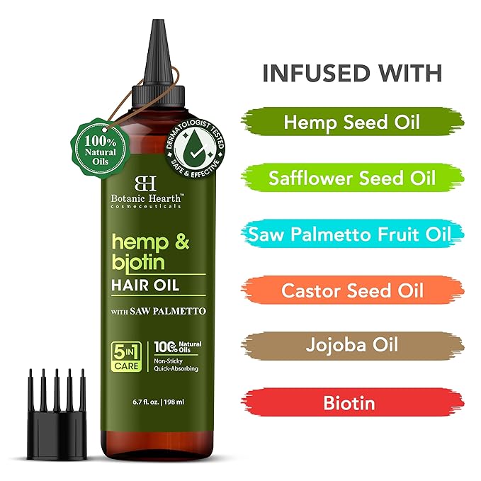 Botanic Hearth Hemp & Biotin Hair Oil (6.7 Fl Oz) | Nourishing And Strengthening Hair Treatment For Thicker, Healthier|Looking Hair | Paraben Free | Suitable For All Hair Types