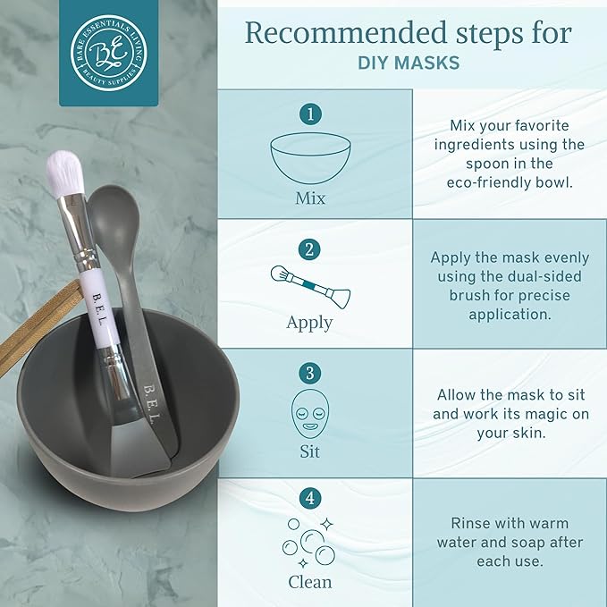 Bare Essentials Living - Clay Face Mask Mixing Bowl Set, Skin Care Kit Facial Bowls with Bamboo Lid, Face Mask Spoon, & Dual Sided Face Mask Brush Applicator for DIY Facials & Hair Mask (Blue Floral)