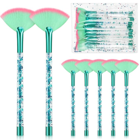 12 Pcs Fan Brushes for Facial Mask & Peel Applicator - Soft Cosmetic Facial Brushes with Glitter Quicksand Handle - Face Mask Tools with Pouch (Green)