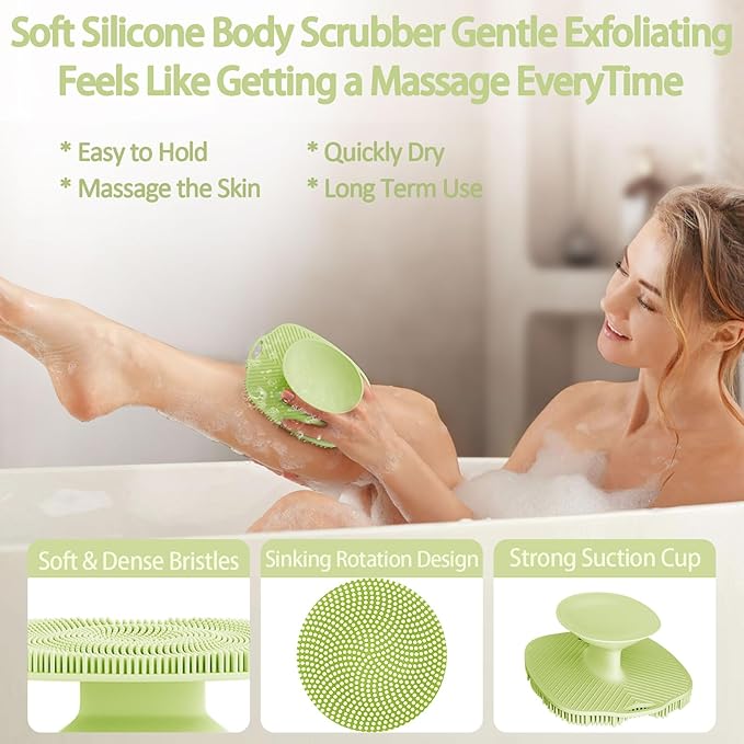 Soft Silicone Body Scrubber, Gentle Like a Hand Exfoliating Your Skin and Build Up Lather Easily, Back Large Suction Cup Easy to Store, Long-Lasting & Deep Clean （Green