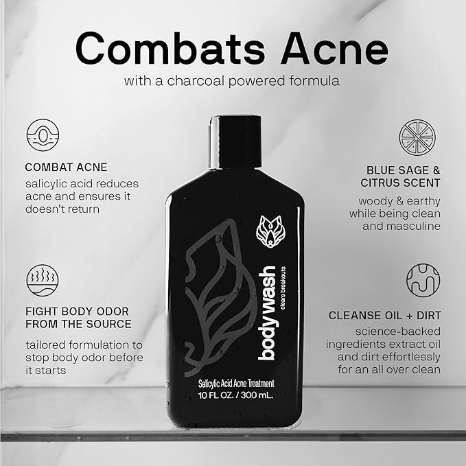 Black Wolf Salicylic Acid Body Wash for Men - 10 Fl Oz, 2-Pack - Men's Acne Body Wash - Charcoal Helps Reduce Acne Breakouts & Cleanse Your Skin - Full Coverage & Deep Clean Treatment - Men's Bodywash