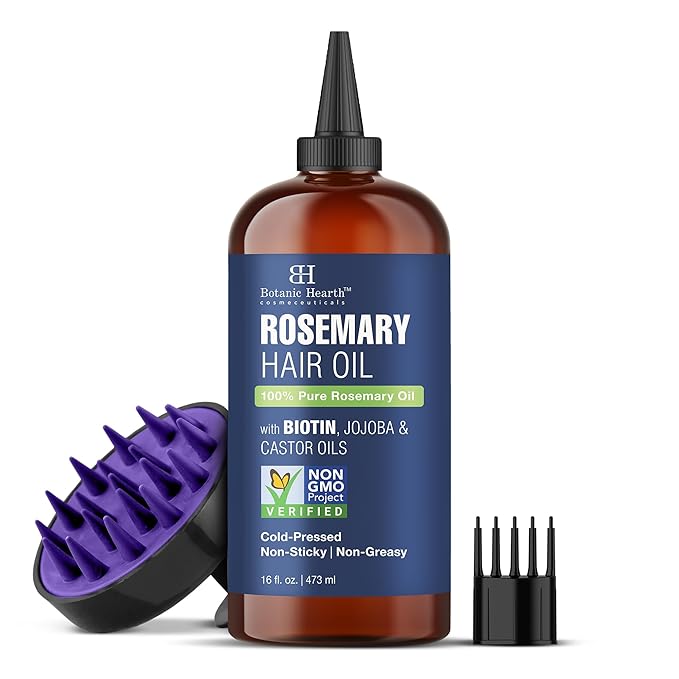 Botanic Hearth Rosemary Hair Oil with Biotin, Jojoba & Castor Oils – 100% Pure Cold-Pressed Rosemary Oil for Hair Growth, Scalp Massage & Nourishment – 16 fl oz with Scalp Massager - Hair Tonic