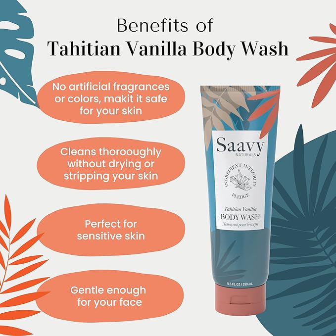 Saavy Naturals Tahitian Vanilla Body Wash, Moisturizing Shower Gel for Men & Women, Vegan Formula with Coconut Oil, Shea Butter, and Aloe Vera - 8.5 Fl Oz, 2 Pack Made in the USA