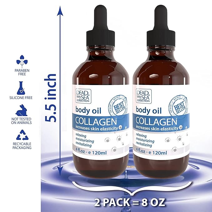 Dead Sea Collection Body Oil for Dry Skin - Collagen & Vitamin E - Moisturizing & Nourishing, Anti-Aging & Skin Elasticity Support for Face Pack of 2 (4 Fl. Oz Each)