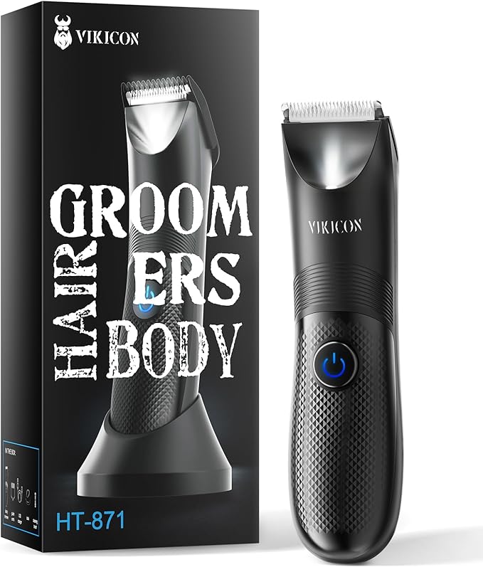 VIKICON Manscape Trimmer for Men - No Nicks Electric Razor-Shaver for Balls/Pubic/Groin/Legs/Chest Hair Removal w/Light & Ceramic Blade, IPX7 Waterproof Body Groomer USB-C Charging, Gifts for Him Dad