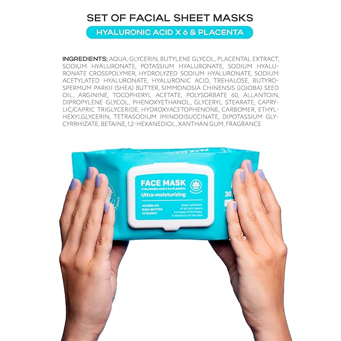NSC Korean Moisturizing Face Masks with Hyaluronic Acid - 30-Pack Premium Hydrating Sheet Mask Set - Advanced K-Beauty with Shea Butter and Jojoba Oil - Skincare Monthly Supply for All Skin Types