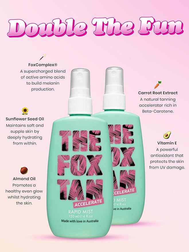 The Fox Tan Rapid Tanning Mist, Natural Tanning Accelerator For Darker & Faster Tans, Creates Flawless Tan Skin, Vegan & Cruelty Free, 120mL (2-pack)