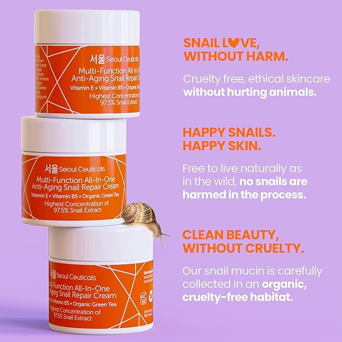 SeoulCeuticals Large 4oz 97.5% Snail Mucin Moisturizer Cream Korean Skin Care - K Beauty Skincare Day & Night Snail Repair Cream Filtrate Cruelty Free