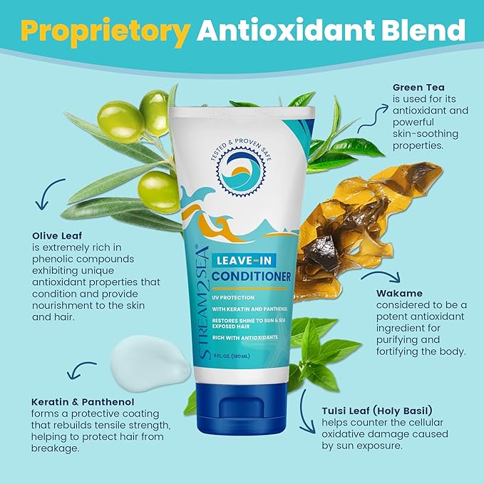 Leave-In Hair Conditioner Detangles & Replenish Hair Moisture Natural Reef Safe Formula - Sulfate and Paraben Free with UV Protection by Stream2Sea