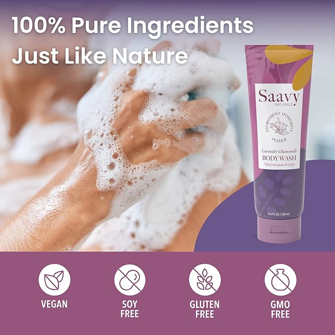Saavy Naturals Lavender Chamomile Body Wash, Moisturizing Shower Gel for Women and Men, Vegan Formula with Coconut Oil, Shea Butter, and Aloe Vera - 8.5 Fl Oz, 2 Pack