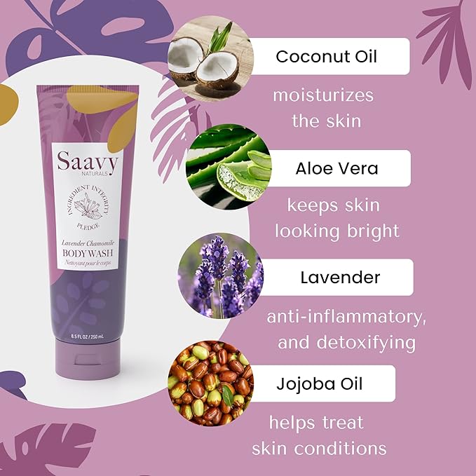 Saavy Naturals Lavender Chamomile Body Wash, Moisturizing Shower Gel for Women and Men, Vegan Formula with Coconut Oil, Shea Butter, and Aloe Vera - 8.5 Fl Oz, 2 Pack