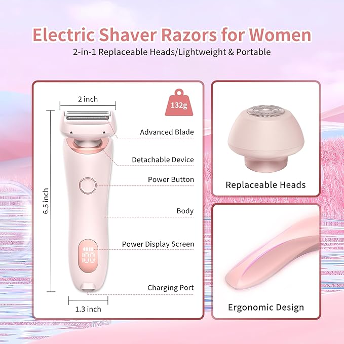 Livora Electric Shaver for Women, 2 in 1 Wet & Dry Bikini Trimmer with 2 Removable Heads, The Glide Pro 3.0 Razor, Painless Hair Removal for Bikini, Legs, Underarms, Body (Pink)