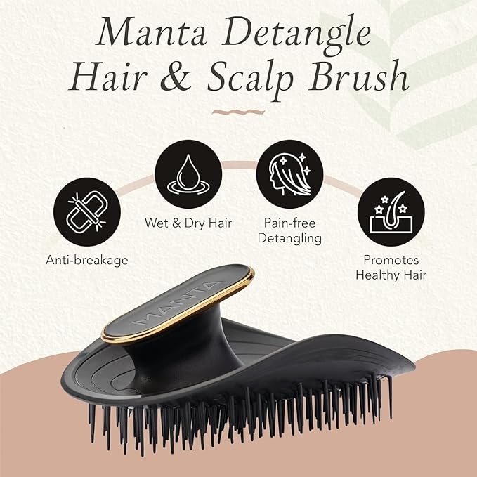 Manta Original Anti-Breakage Hairbrush – Gentle Detangling Brush for Wet & Dry Hair, Flexible Hairbrush for All Types, Healthy Hair Care for Women & Men, Black