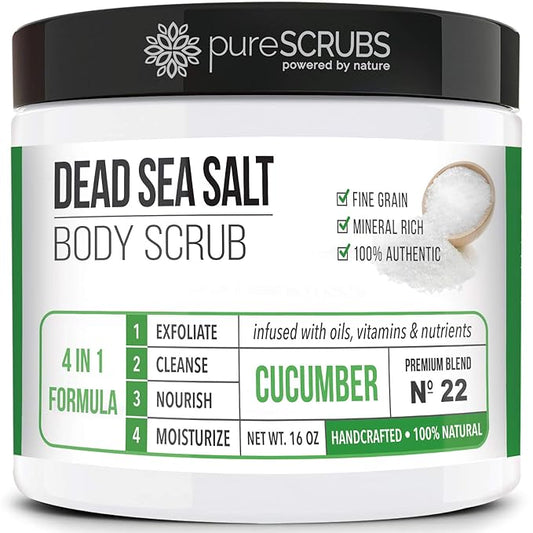 pureSCRUBS Premium Cucumber Body Scrub Set - Large 16oz Dead Sea Salt Body Scrub for Women Exfoliation KP Bump Eraser Body Scrub Includes Wooden Spoon, Loofah & Soap