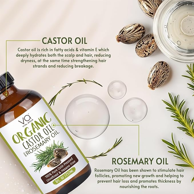 Organic Castor Oil With Rosemary Oil For Hair Growth - 100% Pure Rosemary Hair Oil With Pure Castor Oil Cold Pressed Unrefined Glass Bottle - Strengthening & Volumizing 8 Fl Oz