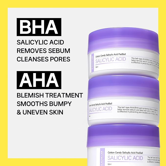 ALIVELAB Cotton Candy Salicylic Acid PadBall – Exfoliating Toner Pads with Salicylic Acid for Acne, Blackheads & Pore Care – Oil Control & Gentle Peeling (1.7 fl.oz)