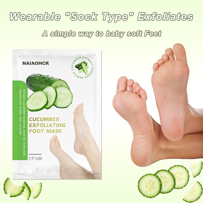 Foot Peeling Mask, Cucumber Exfoliating Feet Peel Mask, Remove Dead Skin Callus Repair Heels, Foot Moisturizing, Foot Mask For Cracked Feet (3PAIRS)