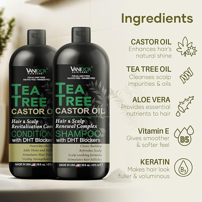 Tea Tree Oil Shampoo and Conditioner Set with Castor Oil, DHT Blockers, Itchy Scalp Relief, Supports Fuller Hair, Cleanses Dandruff & Buildup, For Men & Women, Made in USA, 16 fl oz Each