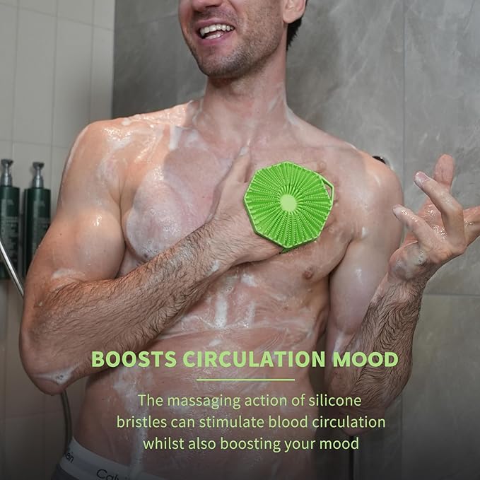 iTokGoK® Premium Silver-Infused Double-Sided Design 2-in-1 Silicone Body Scrubber for Men,Body Buffer Scrubber for Sensitive Skin, Ergonomic No-Slip Handle, Long-Lasting & Easy to Clean - Green